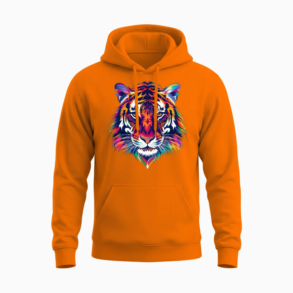 Colorful Tiger Animal Art Tiger Face Unisex Hoodie in Safety Orange