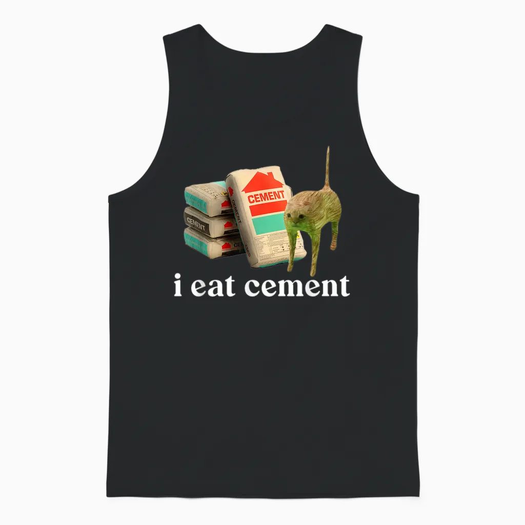 I Eat Cement Cursed Cat Funny Weird Specific Thank You Meme Unisex Tank Top in Black