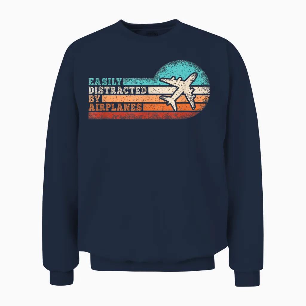 Easily Distracted by Airplanes Funny Pilot Aviation Men Unisex Sweatshirt in Navy