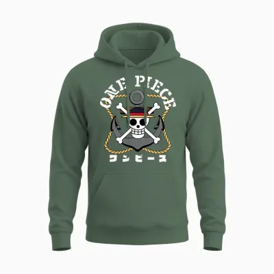 One Piece Anime Front and Back Anchor Logo and Crew Items Unisex Hoodie - Military Green
