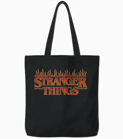 Stranger Things Vintage Flaming Logo T-Shirt, Black, S Tote Bags - Black