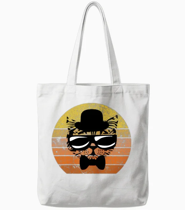 Funny Retro Cat with Sunglasses and Bow Tie Retro Tote Bags in White