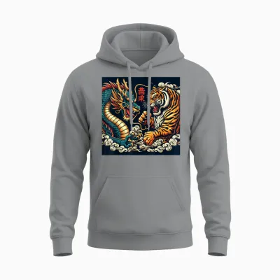 Japanese Dragon Vintage Fight Tiger Giant Asian Folklore T-Shirt, Black, S Unisex Hoodie - Sport Grey
