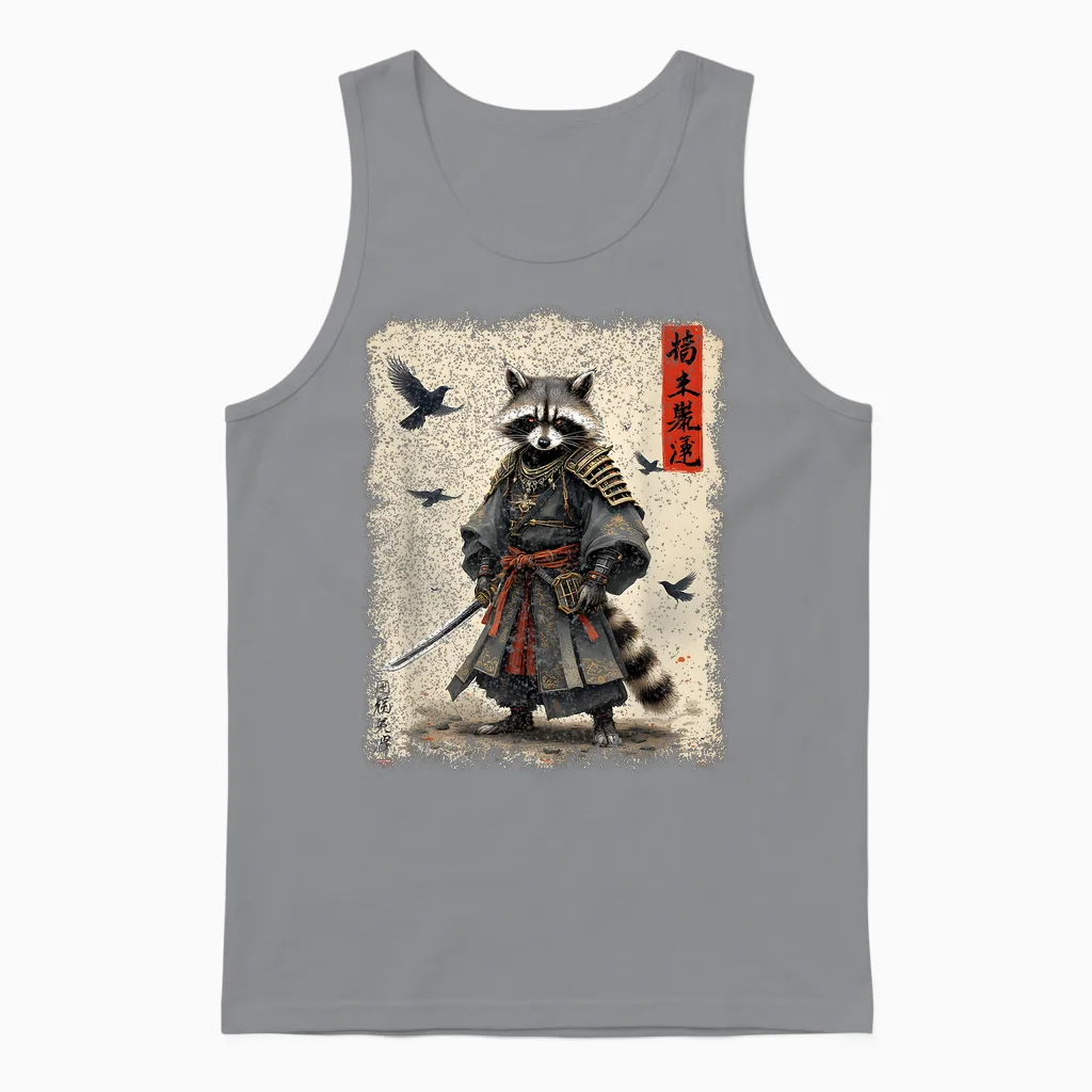 Samurai Raccoon, Japanese Warrior Art | Vintage Anime T-Shirt, Black, S Unisex Tank Top in Sport Grey