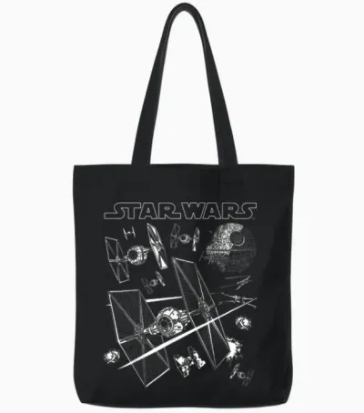 Star Wars X-Wings Chase Tie Fighters T-Shirt with Death Star Logo T-Shirt, Black, S Tote Bags - Black