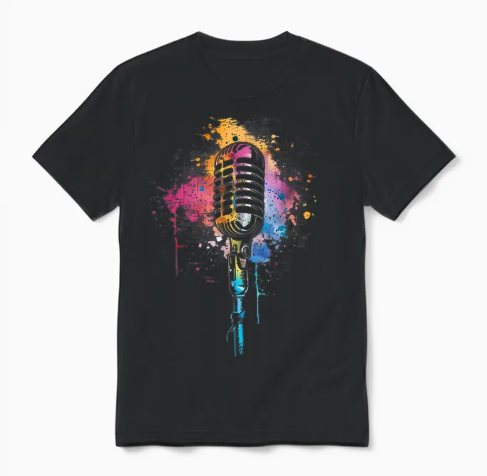 Singer Vintage Microphone Watercolour Karaoke Singing T-Shirt, Black Unisex T-Shirt in Black