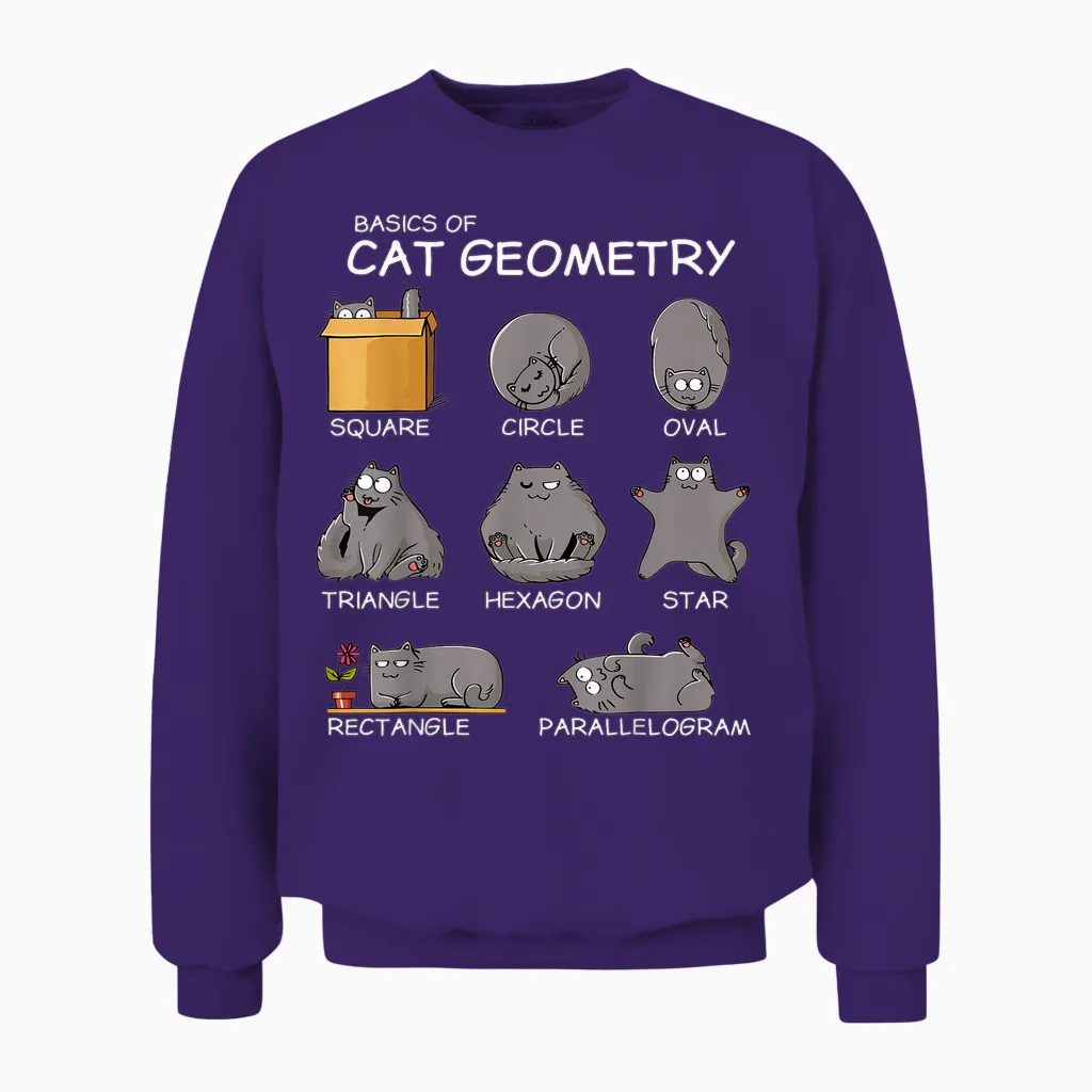 Cat Geometry Math Funny Cat Gifts for Cat Dad, Cat Mom, Kids T-Shirt, Small, Black Unisex Sweatshirt in Purple
