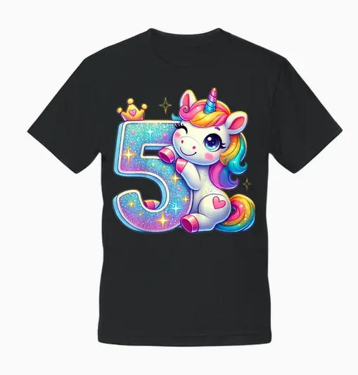 Children's 5th Birthday Shirt Unicorn 5 Years Birthday Girls' T-Shirt, Black Unisex T-Shirt - Black