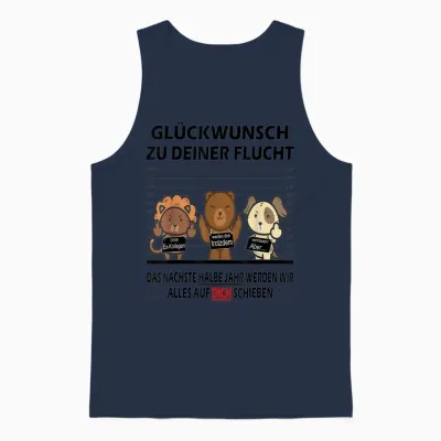 T-Shirt with German Text "glückwunsch Zu Deiner Flucht Neuen Job | Colleagues Farewell, White Unisex Tank Top - Navy