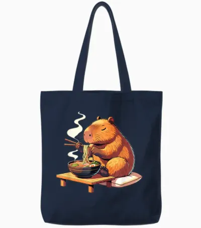 Cute Capybara Eats Ramen Noodles Capybaras Ramen T-Shirt, Black Tote Bags - Navy