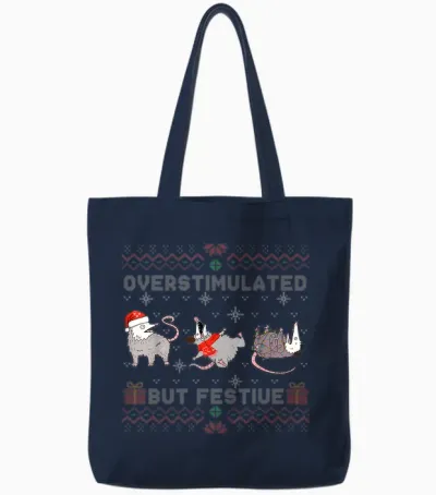 Overstimulated but Festive Opossum Ugly Sweater Christmas Tote Bags - Navy