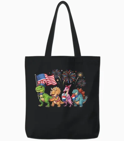 Patriotic Dinosaurs Fireworks T-Rex Triceratops 4th of July Tote Bags - Black