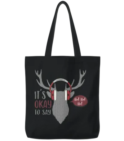 Retro Vintage Holiday Deer Knit Print Tote Bags - Black