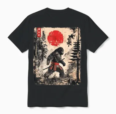 Samurai Bigfoot Japanese Vintage Graphic Ukiyo-E Art Funny Unisex T-Shirt - Black