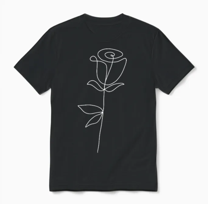 One Line Art Rose Flower Minimalist Modern White Aesthetic T-Shirt, Black Unisex T-Shirt in Black