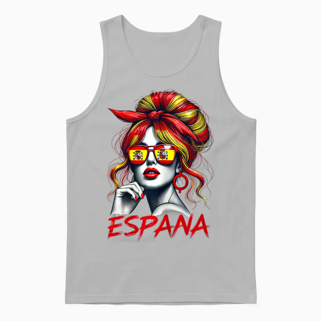 Spain Woman Bun Flag Spanish Proud for Girl T-Shirt, White Unisex Tank Top in Ash