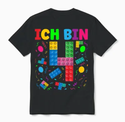 Children's T-Shirt with German Text "ich Bin 4 Building Blocks" 4th Birthday Boy Building Blocks, Black Unisex T-Shirt - Black