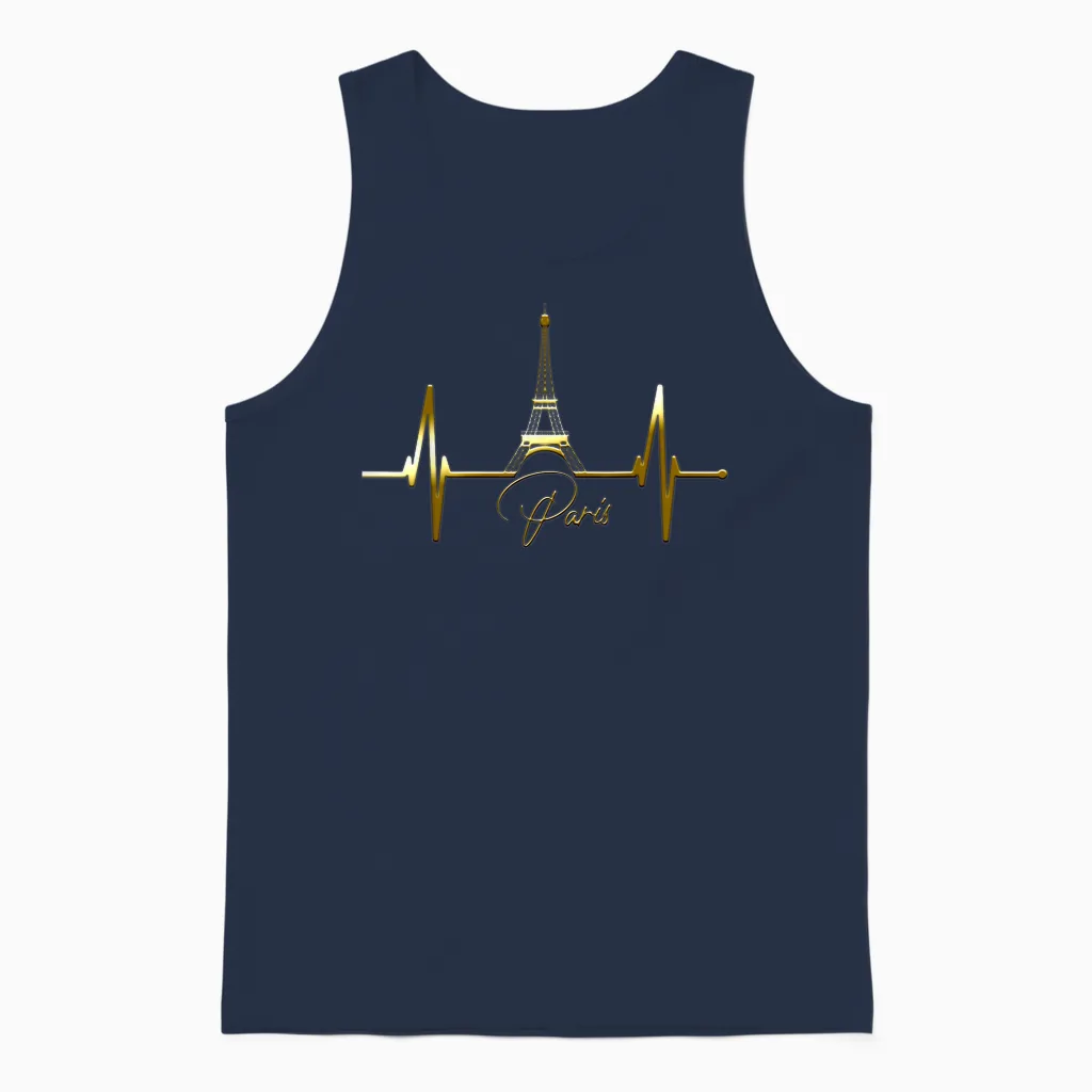 Paris Skyline Heartbeat I Love Eiffel Tower Love France T-Shirt, Black Unisex Tank Top in Navy