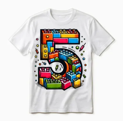 Children's 5th Birthday with Building Blocks Gift Idea T-Shirt, Black Unisex T-Shirt - White