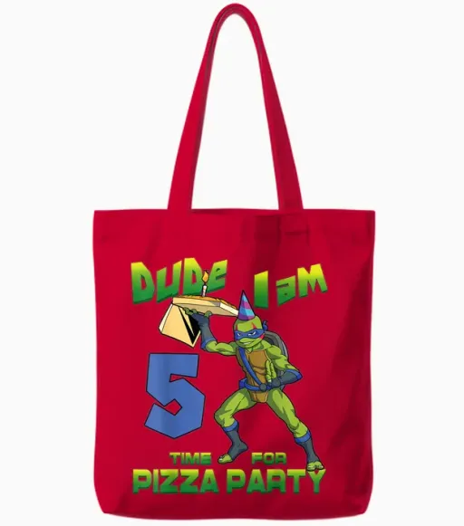 Mademark X Teenage Mutant Ninja Turtles - Dude I Am 5 Years Old Leo Pizza Birthday Party Tote Bags - Red