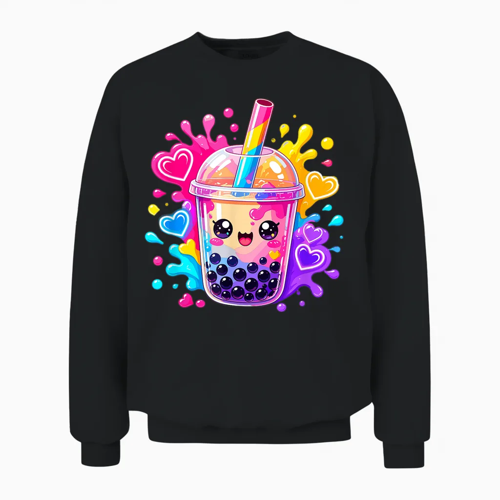 Niedliche Kawaii Boba Bubble Tea Lover Anime Herzen Unisex Sweatshirt in Black