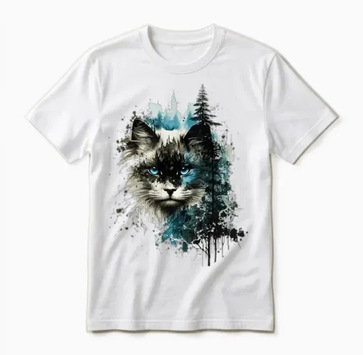 Cat Blue Eyes Cat Pattern Art Forest Animal Cat Unisex T-Shirt - White