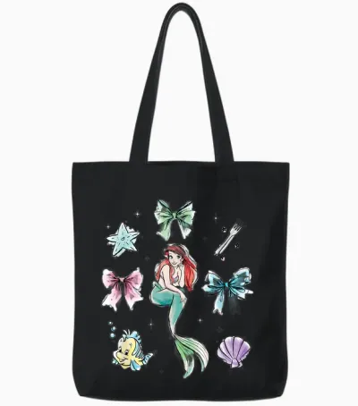 Disney the Little Mermaid Essentials Watercolor Chest Logo Tote Bags - Black