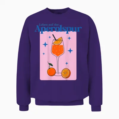 T-Shirt with German Text "leben Auf Der Aperolspur - Hallöchen Aperölchen Spritz Stars", White Unisex Sweatshirt - Purple
