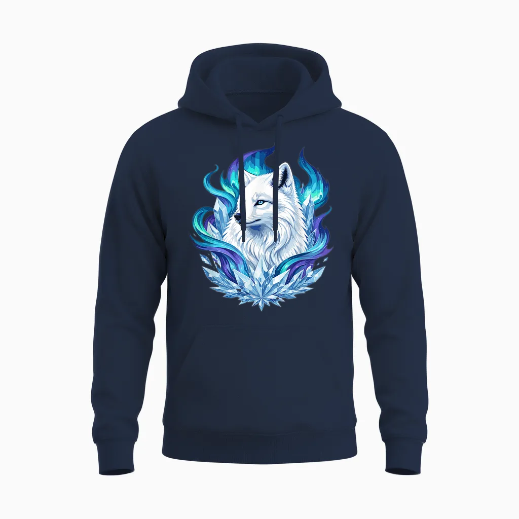 Loup De Glace Mystique Avec Cristaux Et Aurores Boréales Unisex Hoodie in Navy