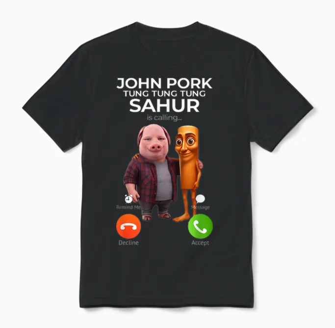 Tung Tung Tung Sahur John Pork Meme Brainrot Calling Unisex T-Shirt in Black