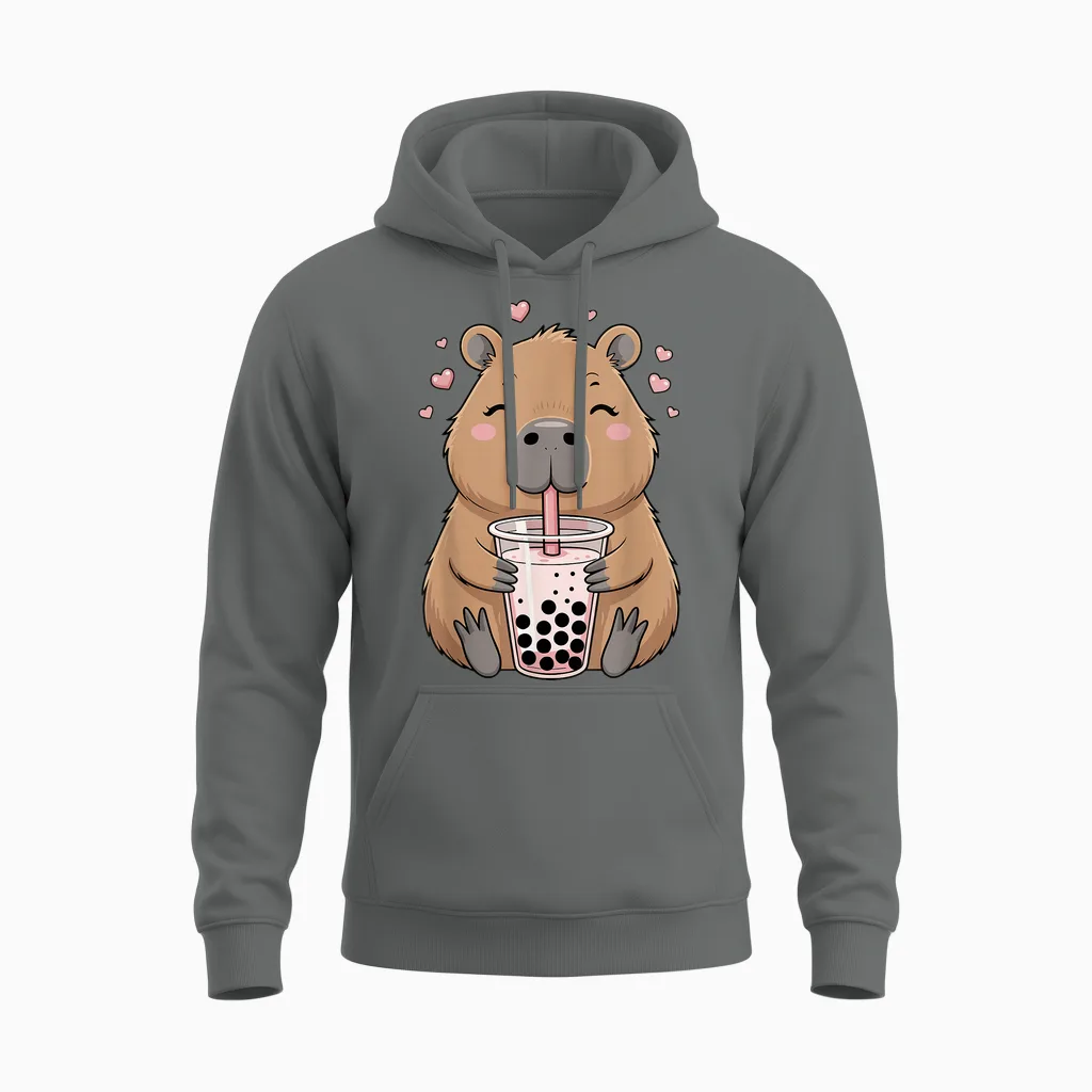 Lovely Bubble Tea Capybara for Girls, Kawaii Unisex Hoodie in Graphite Heather