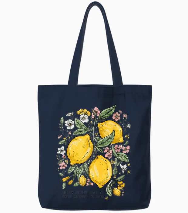 Retro Lemon Outfit with Lemon Tree Design Citrus Lemon T-Shirt, Black, S Tote Bags in Navy