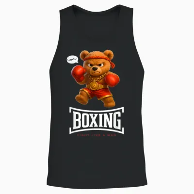 Cool Teddy Bear Man Boxing Fight Style Illustration Graphic Unisex Tank Top - Black