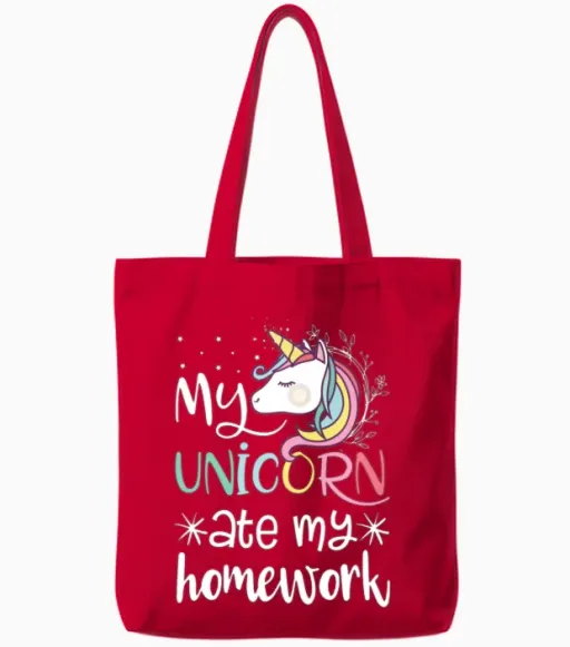 My Unicorn Ate My Homework Tote Bags in Red