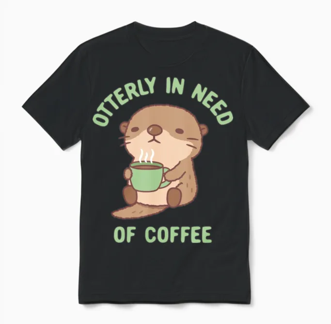 Cute Otter Otterly in Need of Coffee Funny Unisex T-Shirt in Black