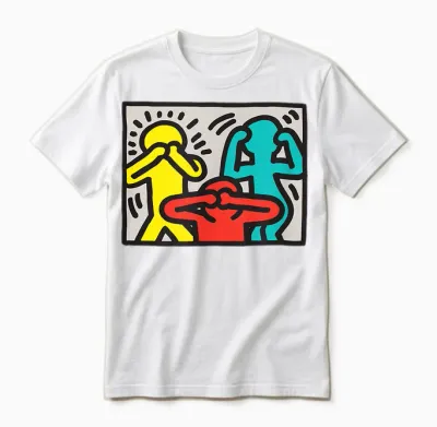 Keith Haring See Hear Speak Nothing Boses Artwork T-Shirt, Blue Unisex T-Shirt - White