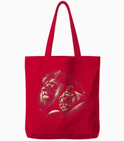 Lion and Lioness Symbol of Love, Loyalty and Partnership T-Shirt, Black Tote Bags - Red
