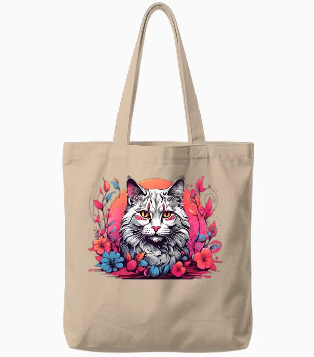 Retro Colorful Cat - Retro Floral Tote Bags in Natural