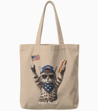 Retro Funny America Cat Hot Dog Lovers Patriotic Us Tote Bags - Natural