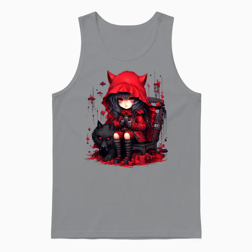 Chibi Little Red Riding Hood and Bad Wolf | Anime Kawaii Style T-Shirt, Black Unisex Tank Top in Sport Grey