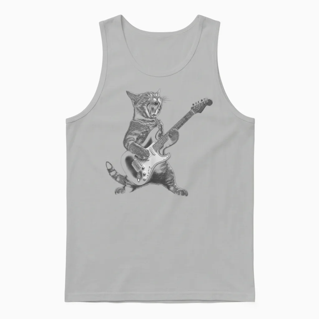 Funny Cat Playing Guitar Rock and Roll Gifts Men Women Kid Unisex Tank Top in Ash