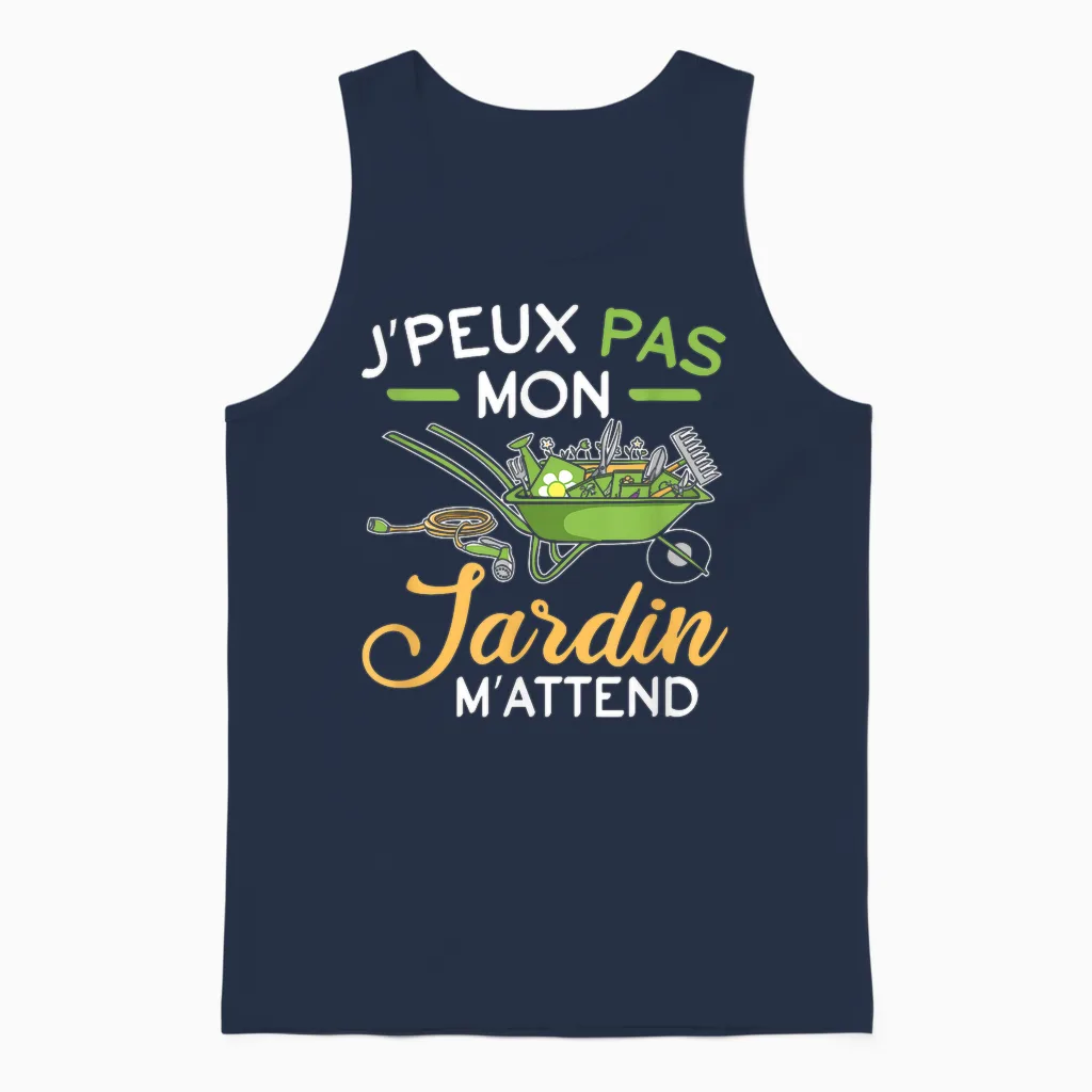 J'peux Pas Mon Jardin M'attend M'attend Gardening Fun Unisex Tank Top in Navy