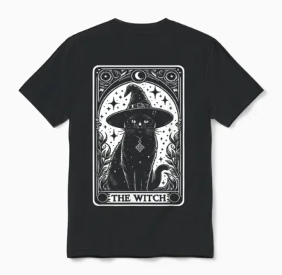 The Witch Cat Halloween Vintage Gothic Tarot Card T-Shirt, Black Unisex T-Shirt - Black