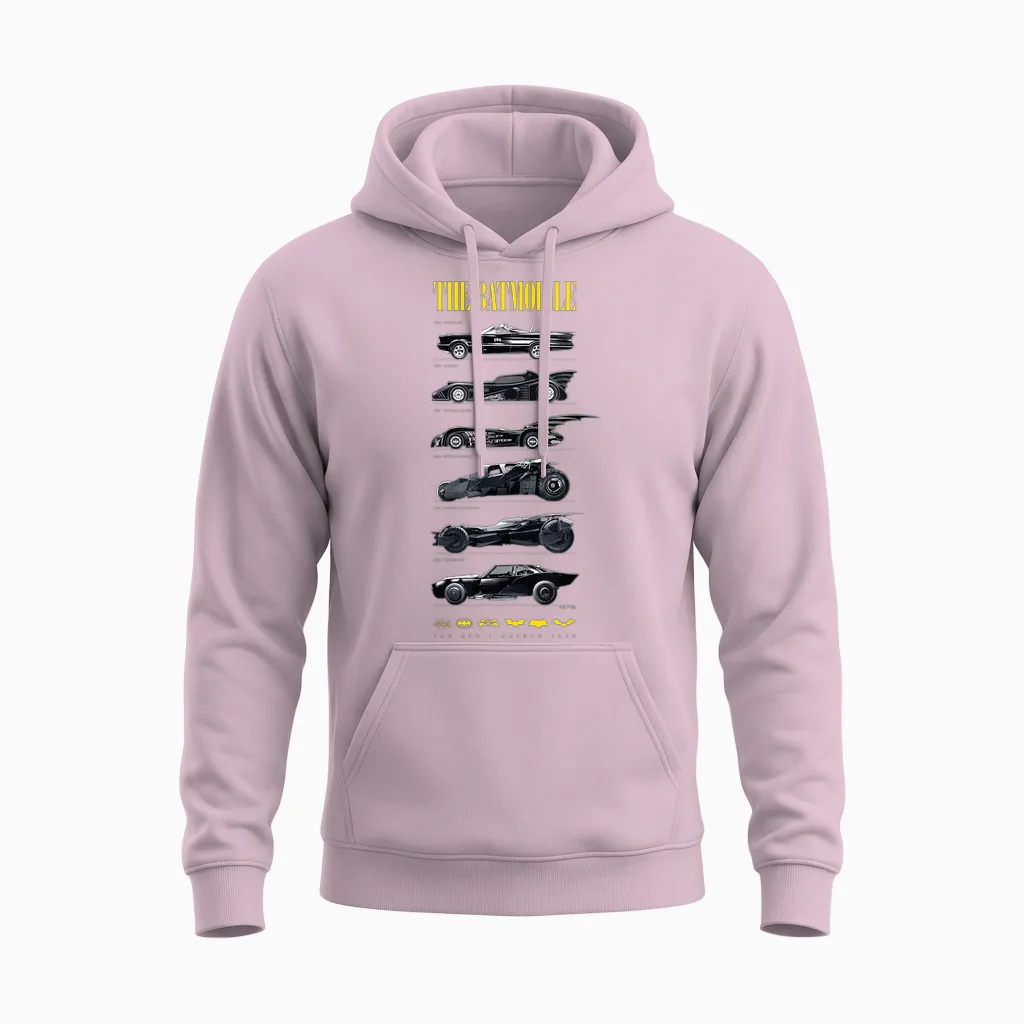 Batman 85th Anniversary Batmobile on Dark Unisex Hoodie in Light Pink