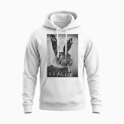 #snirt - Funny Hoodie with Rabbit on T-Shirt Who Is Alice? Unisex Hoodie - White