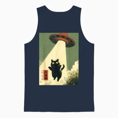 Vintage Japanese Cat Alien Cat Dad Ufo Abduction Graphic Unisex Tank Top - Navy