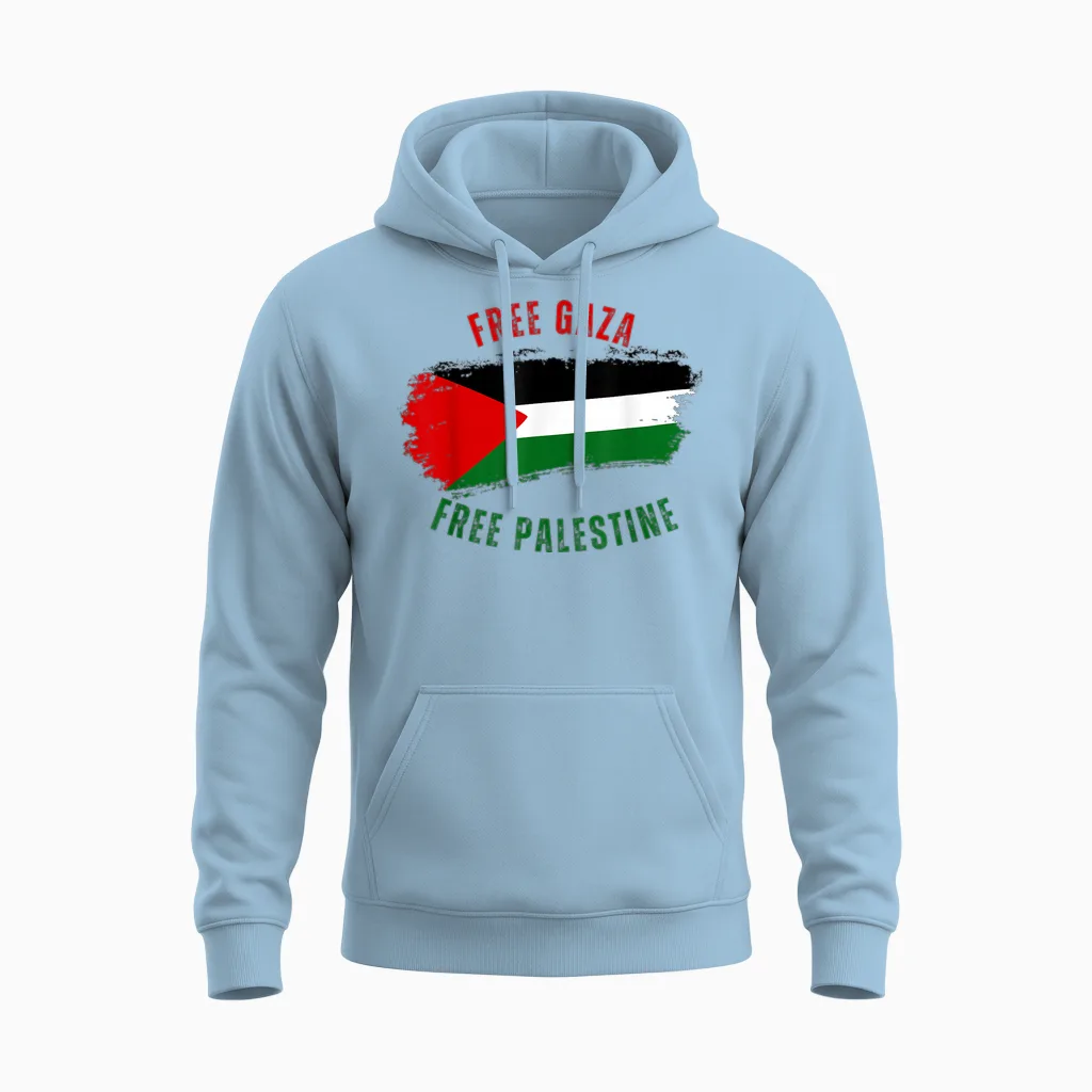 Palestinian Flag Free Gaza Free Palestine Support T-Shirt, Black, S Unisex Hoodie in Light Blue