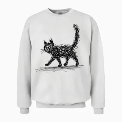 Minimalist Cat, Hand Drawn Kitten Unisex Sweatshirt - White
