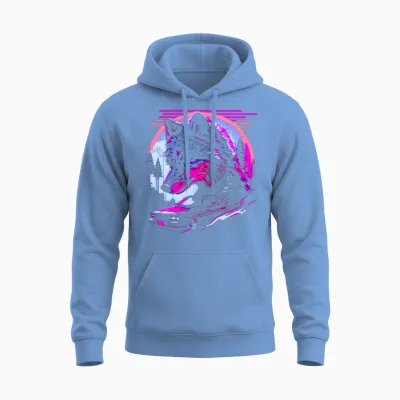 Retro Synthwave Gangster Wolf Unisex Hoodie - Carolina Blue