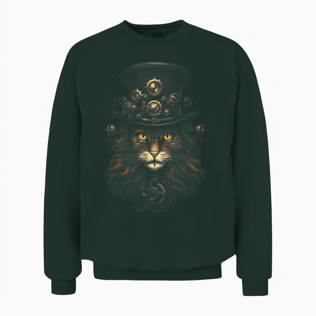 Steampunk Cat T-Shirt, Black Unisex Sweatshirt in Forest